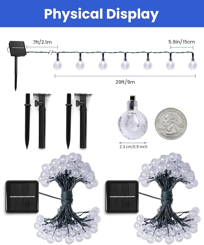 Solar String Lights Outdoor Waterproof, 2 Pack 60 LED 36.5 FT Each, 8 Lighting Modes Solar Powered Patio Lights for Garden Yard Porch Wedding Party Decor (Blue)-VerdiqueGarden