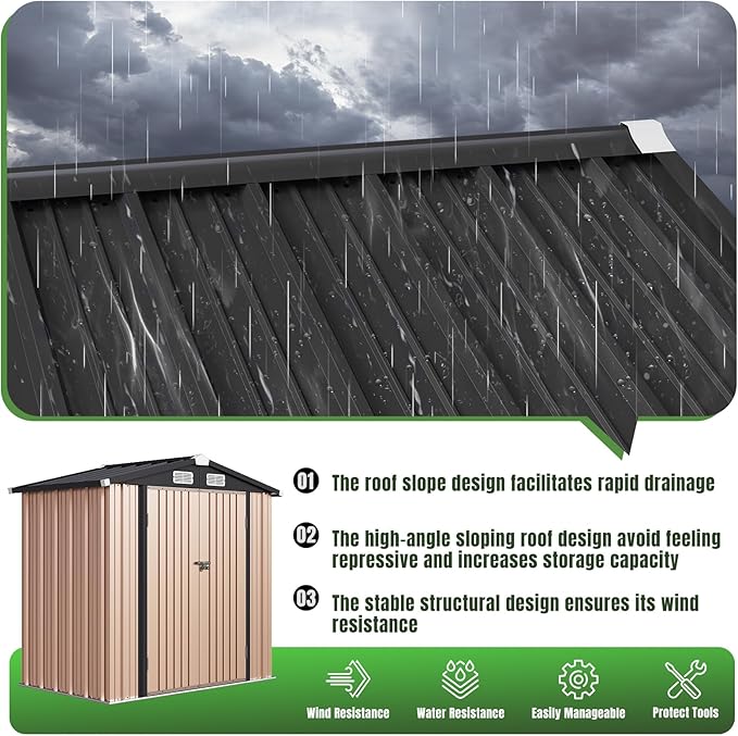 Aoxun 6'x4' Outdoor Storage Shed with Base Galvanized Steel Metal Garden Shed for Patio, Lawn & Garden(Brown, 6' x 4'W/Base)-VerdiqueGarden