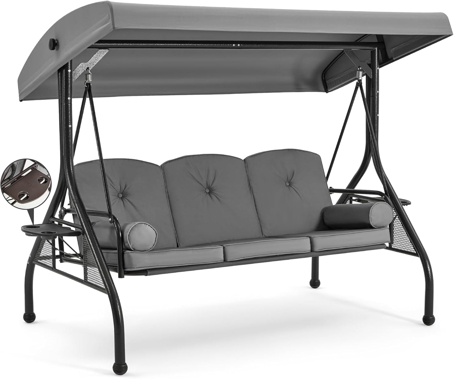 HOMREST 3 Seat Outdoor Porch Swing with 1.5" Deep Cup Holder, Adjustable Canopy,Patio Swing Bed with Stand, Patio Glider Swing with Thicken Cushions, Pillow（Grey）-VerdiqueGarden