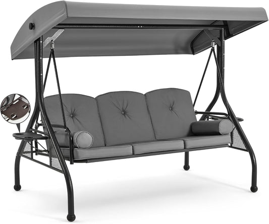 HOMREST 3 Seat Outdoor Porch Swing with 1.5" Deep Cup Holder, Adjustable Canopy,Patio Swing Bed with Stand, Patio Glider Swing with Thicken Cushions, Pillow（Grey）-VerdiqueGarden