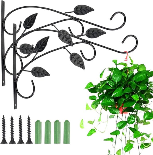4 Leaves Style Metal Hanging Plant Brackets 12 inches x 9 inches, Pack of 2, Wall Mount Plant Hangers, Planter Hooks for Flower Baskets, Bird Feeders in Corridor/Patio/Porch/Garden-VerdiqueGarden