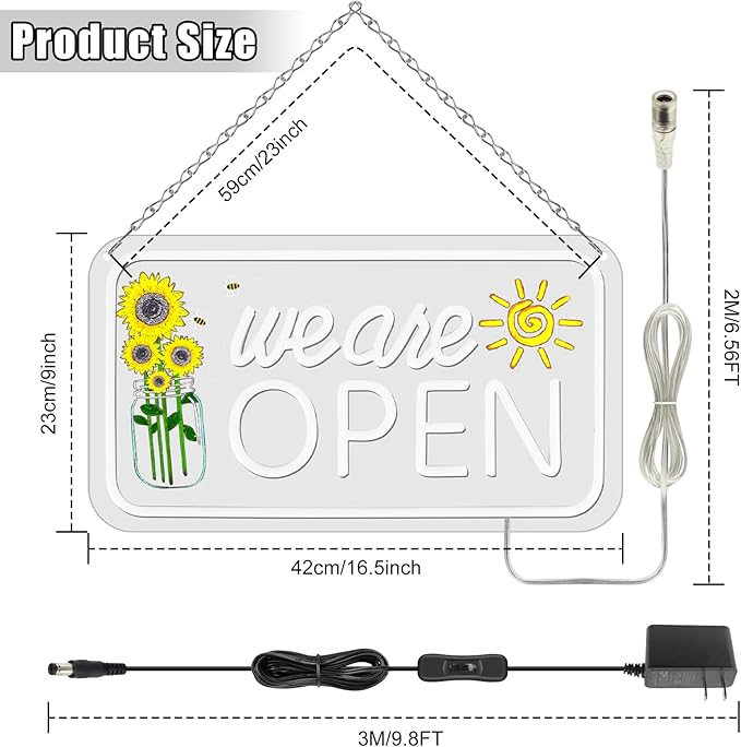 Neon We Are Open Signs for Business, 16.5x9'' Open Sign with Printed Flower and Sun, with ON/OFF Switch & Adapter, Warm White, Ideal for Window, Party, Wall, Bars, Coffee Shops, Salons, Clubs, Hotels-VerdiqueGarden