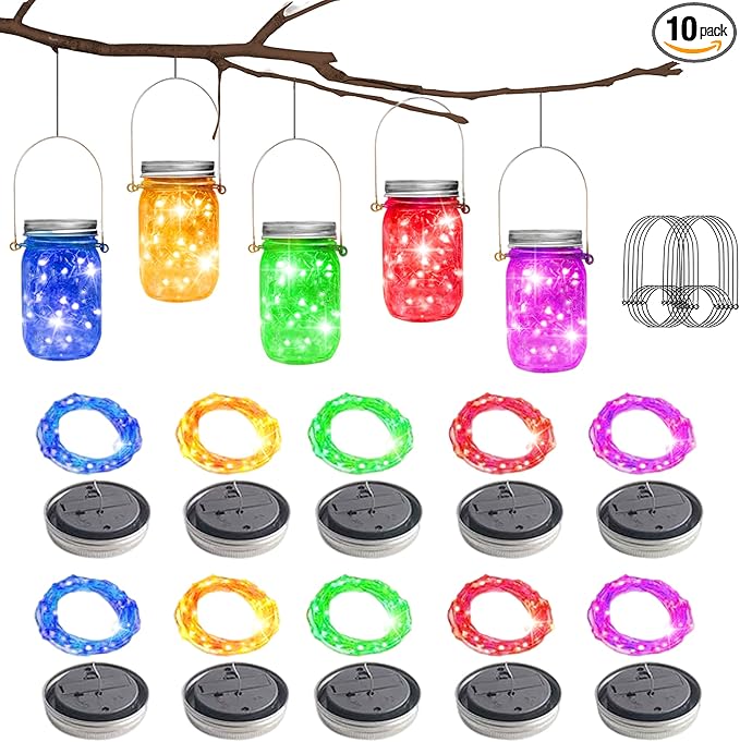 10 Pack 30 LED Solar Mason Jar Lid String Lights,Fairy Lights String Lids Lights Including 10 Pcs Hangers,for Indoor Outdoor Wedding Patio Garden Party Decorations Gift(No Jars) (5 Colors)-VerdiqueGarden