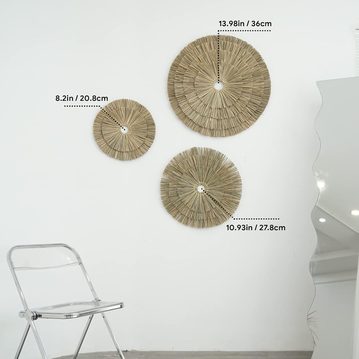 VATIMA Boho Wall Décor – Simple Oversized Wall Basket Décor for Home and Office – Seagrass Wicker Basket Wall Décor Set – 3pcs Flat Baskets – Easy to Hang – Handmade Design – Small/Medium/Large-VerdiqueGarden