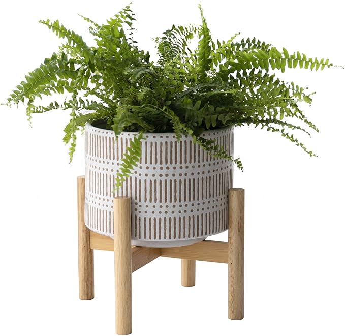 LA JOLIE MUSE Ceramic Plant Pot with Wood Stand - 7.3 Inch Modern Round Decorative Flower Pot Indoor with Wood Planter Holder, Beige and White-VerdiqueGarden