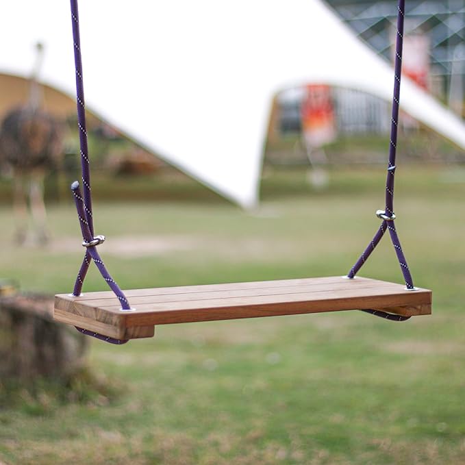 Teak Wood Swing 18.6"x7.6" - Outdoor Wooden Tree Swing Seat for Adults & Kids, Backyard Wood Swings with Height Adjustable Design-VerdiqueGarden