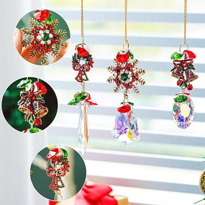 3 Pack Crystal Christmas Ornaments, Glass Rainbow Rhinestones Sun Catcher Prisms with Christmas Wreath Snowflake Bells,Suncatcher Hanging Crystal Pendants for Window Christmas Home Decor-VerdiqueGarden