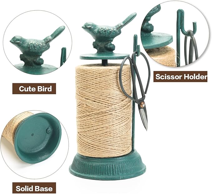 Sungmor Cast Iron Garden Twine Holder Set - 1300ft. Natural Jute Twine String & Rope Rack & Scissors - Decorative & Practical Home Arts Crafts Tools for Picture Display Gift Wrapping Packing Gardening-VerdiqueGarden