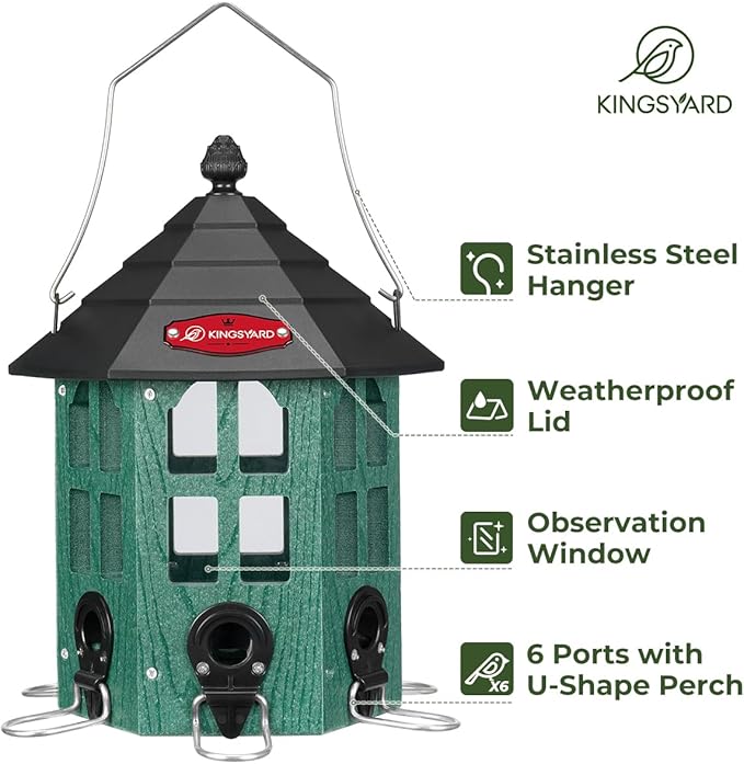 Kingsyard Wild Bird Feeder for Outdoor Hanging, Recycled Plastic Bird Feeders with 6 Ports & U-Shape Perch, Garden Yard Outside Decoration, 3.5 lbs Seed Capacity, Green-VerdiqueGarden