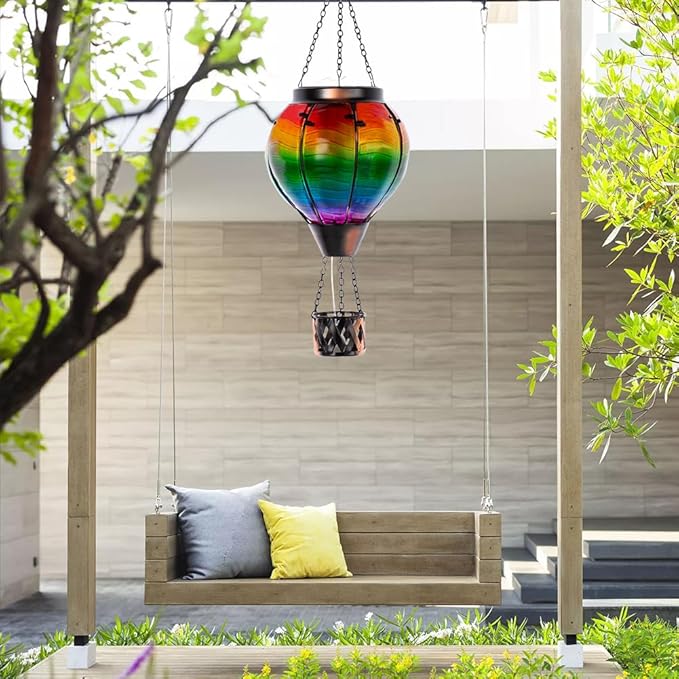 Starsoul 2 PC Solar Hot Air Balloon Lantern with Flame Multi-Color Hot Air Balloon Lantern with Candle Holder Metal & Glass Hanging Garden Light Waterproof Outdoor Lantern Decor-VerdiqueGarden