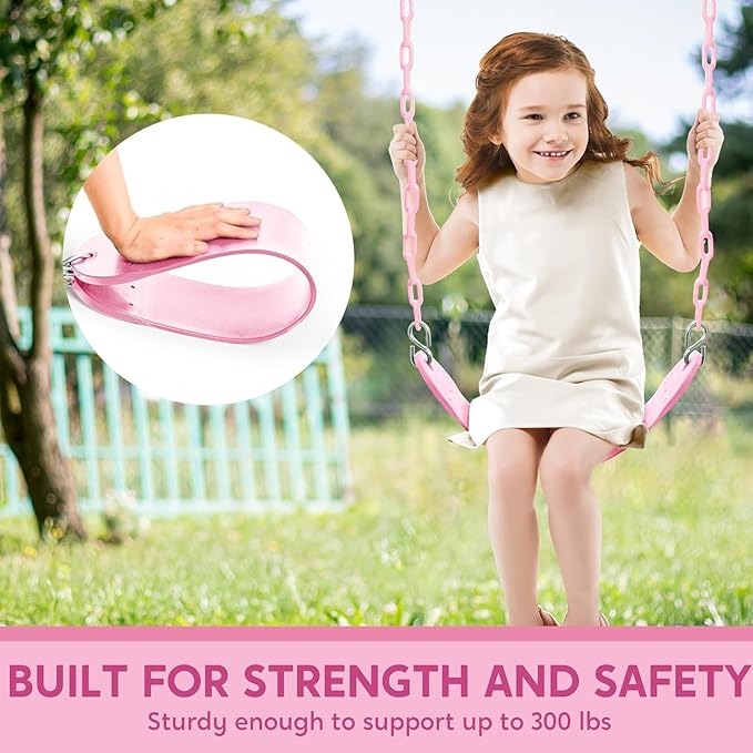 TURFEE Heavy Duty Swing Seat Pink Color with 66” Chain, Swing Set Accessories Replacement with Snap Hooks for Kids Outdoor Play Playground-VerdiqueGarden
