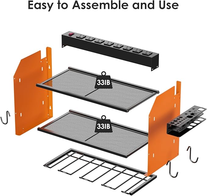CCCEI Set Power Tool Organizer Wall Mount with Charging Station. Garage 4 Drill Storage Shelf with Hooks, Heavy Duty Metal Tool Battery Charger Organizer. Shop Utility Rack with Power Strip Orange.-VerdiqueGarden