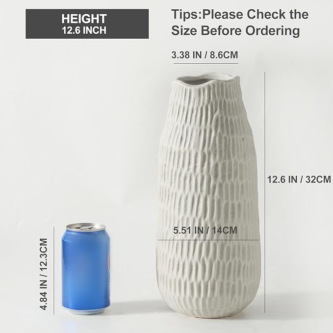 12.6 Inch Grey Modern Handmade Ceramic Vase, Rustic Farmhouse Decorative Flower Vases for Home Decor,Pampas Grass Bouquet, Living Room,Kitchen,Office,Bedroom,Centerpiece Table-VerdiqueGarden