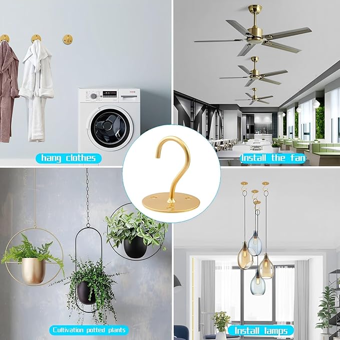 Ceiling Hooks for Hanging Plants- Metal Heavy Duty Wall Mounted Hangers for Hanging Bird Feeders, Planters, Wind Chimes, Include Professional Drywall Anchors (5 Pack) (Bright Gold)-VerdiqueGarden