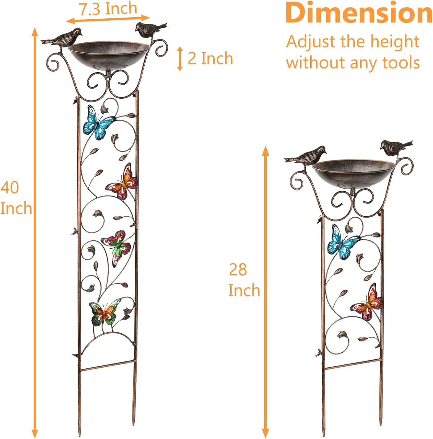 SUNNYPARK Bird Bath with Trellis Outdoor, Antique Garden Iron Trellis with Decorative Butterflies Detachable Bird Bowl Metal Potted Plants Support for Climbing Flowers-VerdiqueGarden