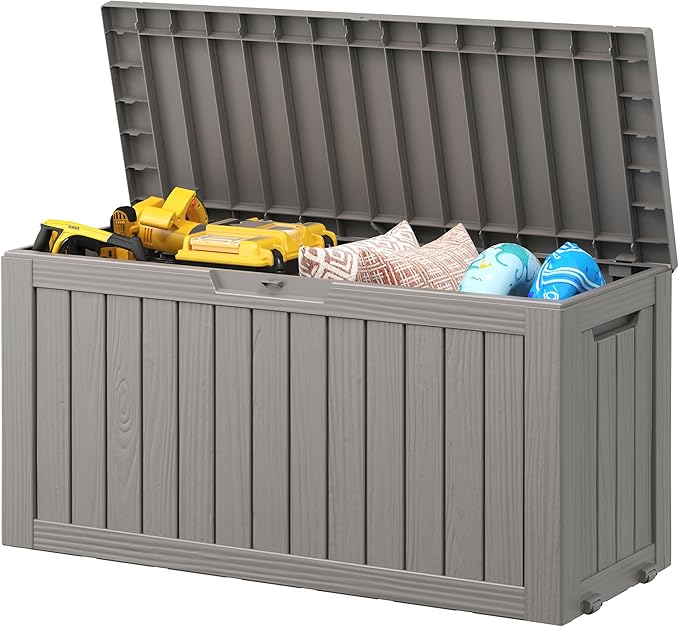 NUNU LAB 75 Gallon Outdoor Storage Box,Resin Large Sturdy Deck Box, Backyard Outside Storage Box Waterproof with Double Wall Panels,Garden Box,Package Delivery Outdoor Hose Storage Bin-VerdiqueGarden