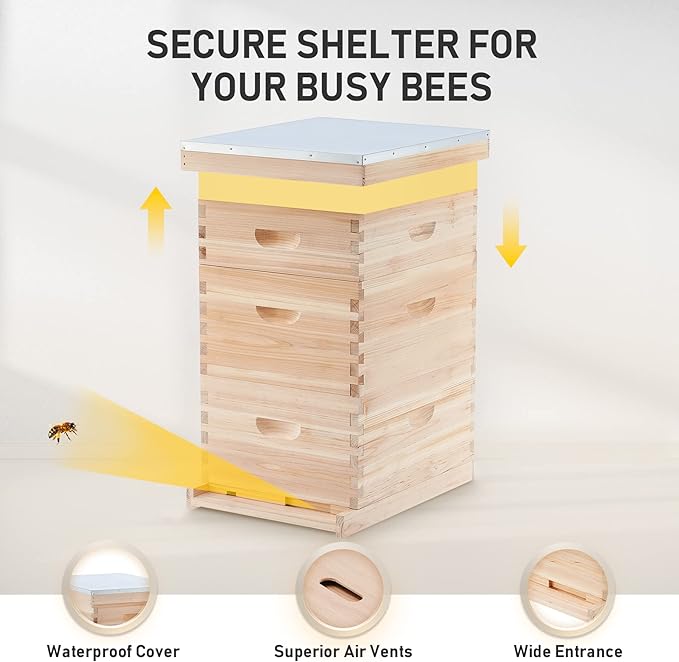 CREWORKS Bee Hive Boxes Starter Kit, 3 Layer Bee House Langstroth Beehive for Bees Keeping, Beekeeping Supplies with Plastic Queen Excluder and Nails (10 Medium and 20 Deep Frames)-VerdiqueGarden