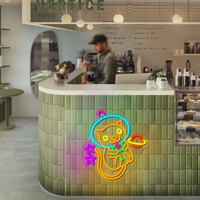 Astronaut Boba Tea Cat Neon Sign Cat Neon Lights for Wall Decor Cute Kitty with Stars Asteroids Anime Led Light Sign for Kids Bedroom Dimsum Store Cofes Bar Milk Tea Shop-VerdiqueGarden