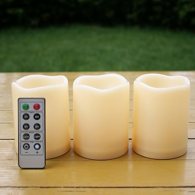 iZAN 3-Pack Outdoor Flameless LED Battery Operated Candles with Remote Waterproof Flickering Electric Pillar Candles for Halloween Chirstmas Home Wedding Party Festival Décor Long Battery Life 3”x4”-VerdiqueGarden