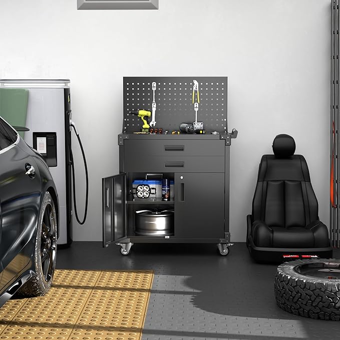 Tool Chest, Tool Cart with 2 Drawer and Lockable Doors, Garage Storage Cabinet with Wheels, Pegboard and 4 Hooks for Garage, Workshop, Metal Tool Storage Cart-VerdiqueGarden