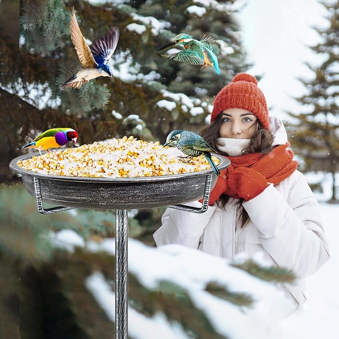 Metal Bird Bath for Outdoors Garden Birdbath Bowl, 36.2" Height Freestanding Bird Feeders for Outside with 4 Prongs Base Stake, Standing Birdfeeders for Yard Lawn Decor (Retro Silver)-VerdiqueGarden