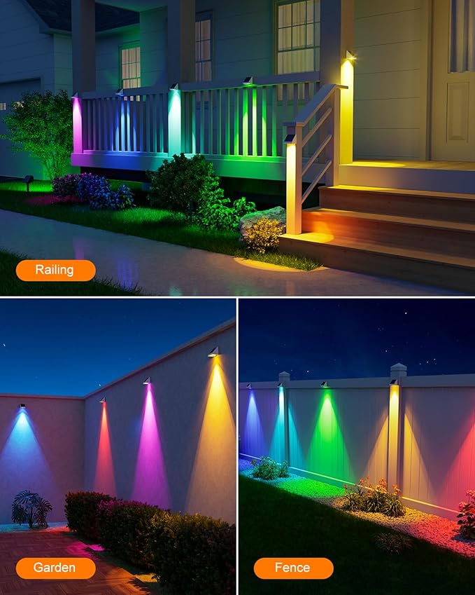 12 Pack Color Changing Solar Powered Fence Lights Outdoor Decorative LED Waterproof Yard Lighting for Outside Wall, Deck, House Patio, Rail, Backyard, 8 Colorful Modes, Easy Install (White Shell)-VerdiqueGarden