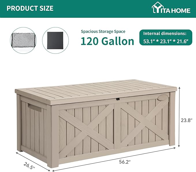YITAHOME 120 Gallon Large Deck Box, Upgraded Resin Outdoor Storage Boxes w/Flexible Divider, Waterproof Cushion Storage Bench for Patio Furniture, Pool Supplies, Garden Tools - Lockable, Taupe-VerdiqueGarden