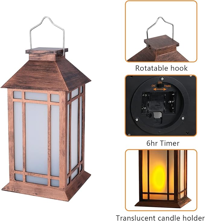 2-Pack 13" Vintage Candle Lantern with Led Flameless Candle (6hr Timer) - IP65 Waterproof Battery Powered - Outdoor Patio Hanging Lanterns Decorative Tabletop Lanterns-VerdiqueGarden