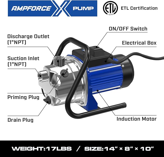 110V Electric Shallow Well Pump, 1.5HP 1532GPH 152FT Water Transfer Pump, Portable Stainless Steel Sprinkler Booster Jet Water Pumps for Garden Lawn Irrigation System-VerdiqueGarden