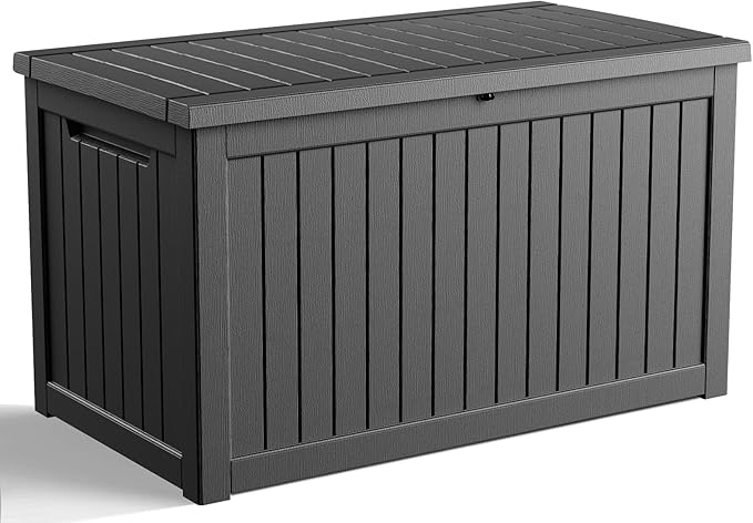 230 Gallon Outdoor Deck Box,Storage Lockable Waterproof Patio Furniture,Garden Tools,Cushions,Pool Accessories Outside Storage Resin Box(Black)-VerdiqueGarden
