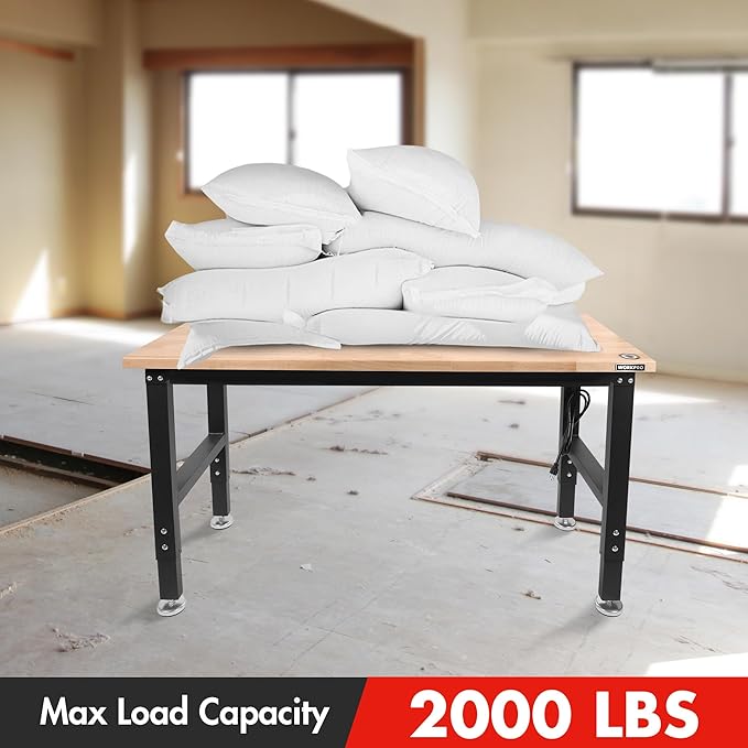 WORKPRO 48" Adjustable Workbench, Rubber Wood Top Heavy-Duty Workstation, 2000 LBS Load Capacity Hardwood Worktable with Power Outlets, for Workshop, Garage-VerdiqueGarden