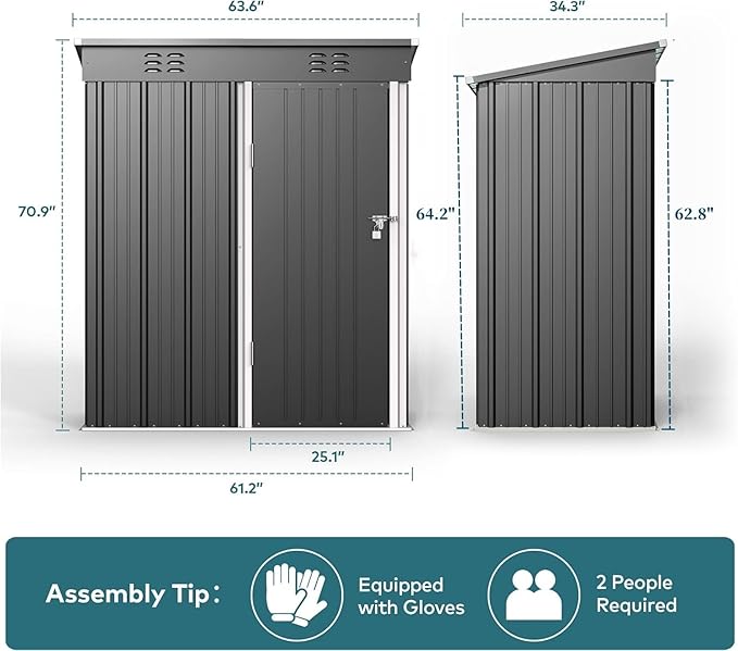 Gizoon 5 'x 3'Outdoor Storage Shed with Singe Lockable Door,Galvanized Metal Shed with Air Vent Suitable for The Garden,Tiny House Storage Sheds Outdoor for Backyard Patio Lawn-Dark Gray-VerdiqueGarden