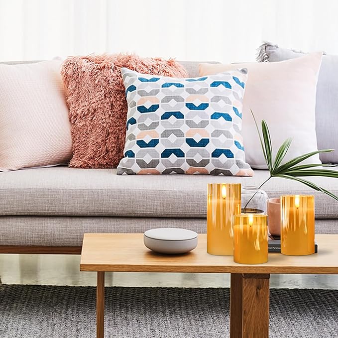 Glass Flameless Candles with Remote Timer,LED Candles Flickering Battery Operated with 3D Wick,Candle Holders Table Centerpiece Decoration for Home Wedding Birthday Festival(Gold)-VerdiqueGarden