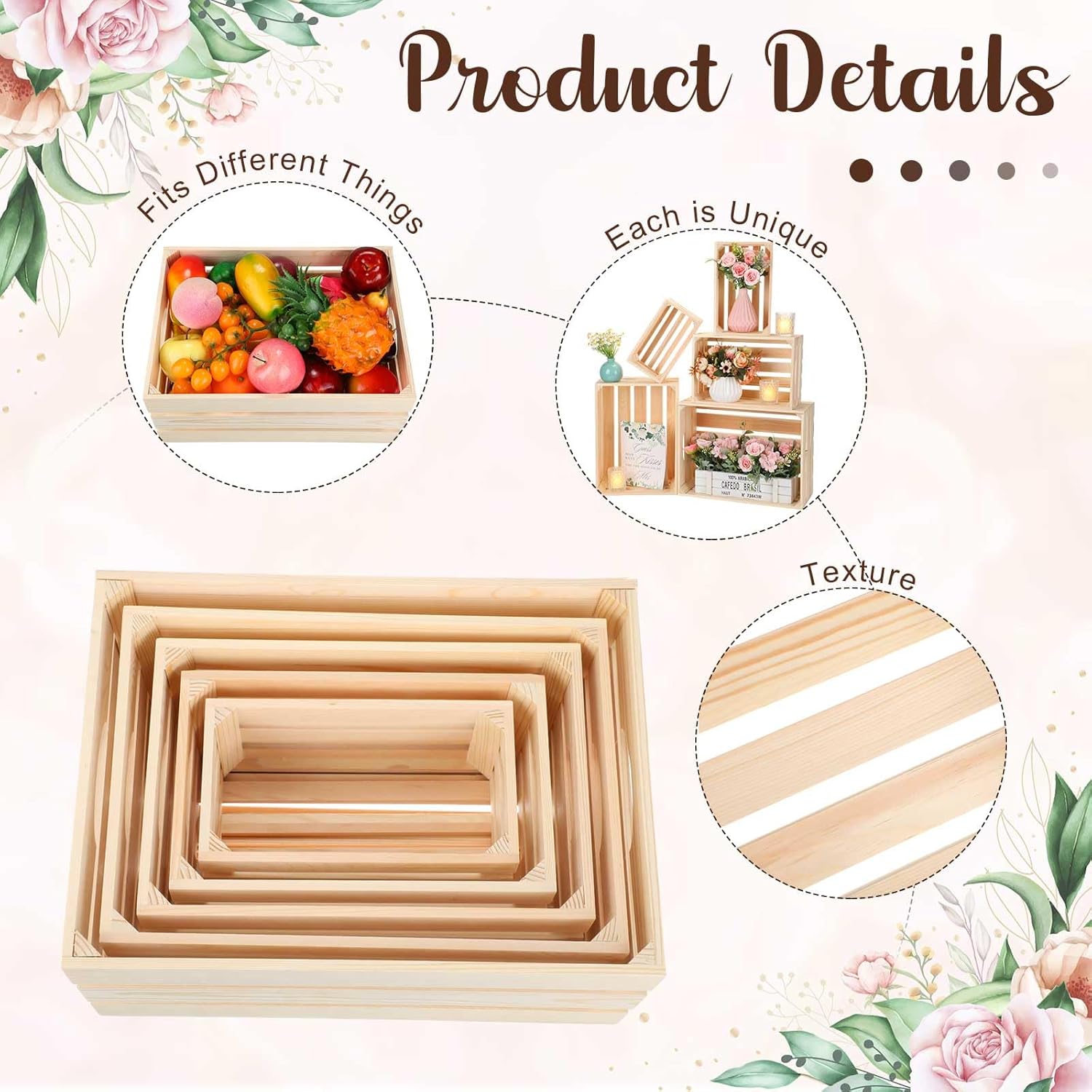 Soaoo 5 Pcs Decorative Nesting Wooden Crates for Storage Display 5 Size Large Small Rustic Wood Decorative Storage Crates with Handle Farmhouse Crate Box Container Made from Pine(Natural Color)-VerdiqueGarden