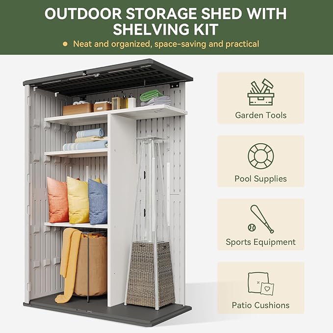 Aoxun Outdoor Resin Storage Shed with Metal Shelving Kit & Floor, 64 Cu.Ft Vertical Waterproof Storage Cabinet for Garage, Pool, Bike, Garden Tools, Patio Furniture (White)-VerdiqueGarden