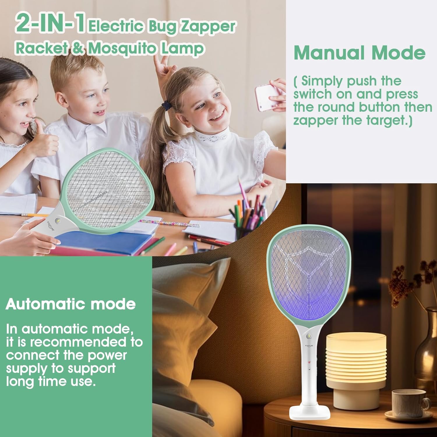 Faicuk Rechargeable Handheld Bug Zapper Racket 2 in 1 Electric Fly Swatter (2 in 1 Green)-VerdiqueGarden
