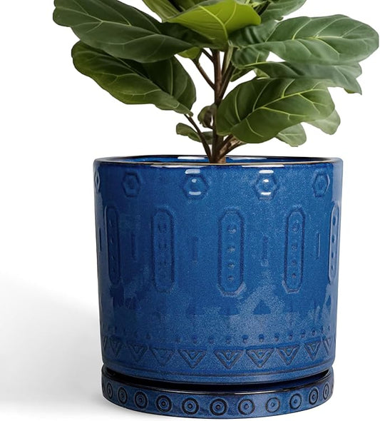 12 Inch Pot for Plants - Ceramic Planter for Indoor Plants Large Plant Pot with Drainage Holes and Saucer Outdoor Flower Pot Decorative Round Planter for Porch Office Decor Blue-VerdiqueGarden