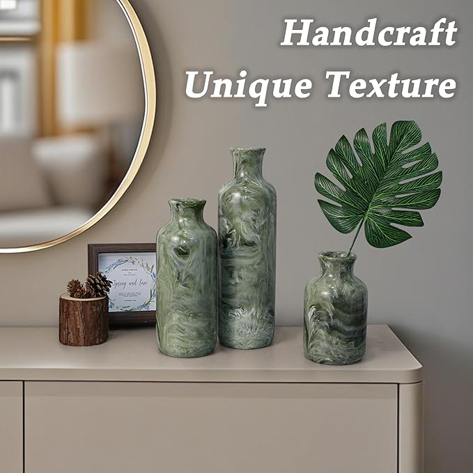Resin 3 Piece Vase Set, Farmhouse Decor, Home Decorative Vase, Vases for Your Kitchen, Bedroom, Office, Living Room, Bathroom, & Shelf Centerpiece Table Decorations, Green-VerdiqueGarden