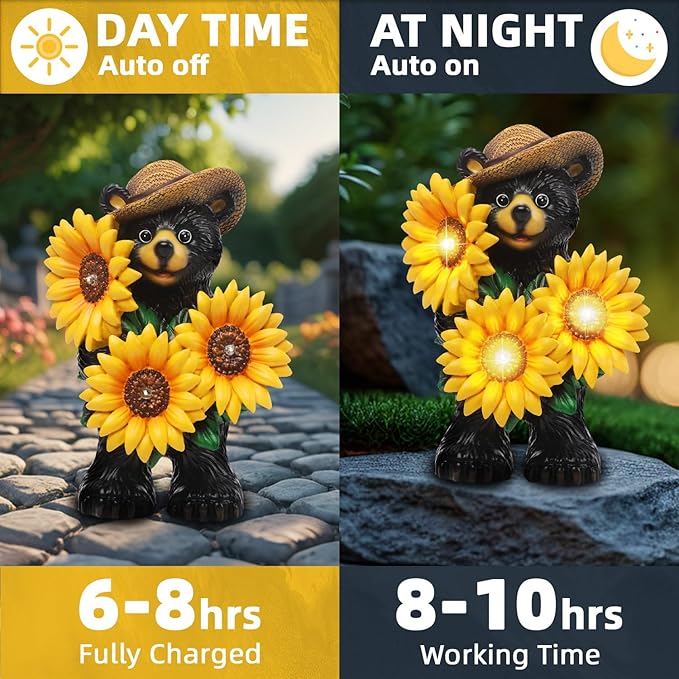 Bear Statue with Sunflowers LED Light 7.2" Solar Lamp Outdoor Garden Patio Yard Porch Lawn Decor Waterproof Resin Black Bear Figurine Unique Garden Gifts for Women Mom Grandma Sister-VerdiqueGarden