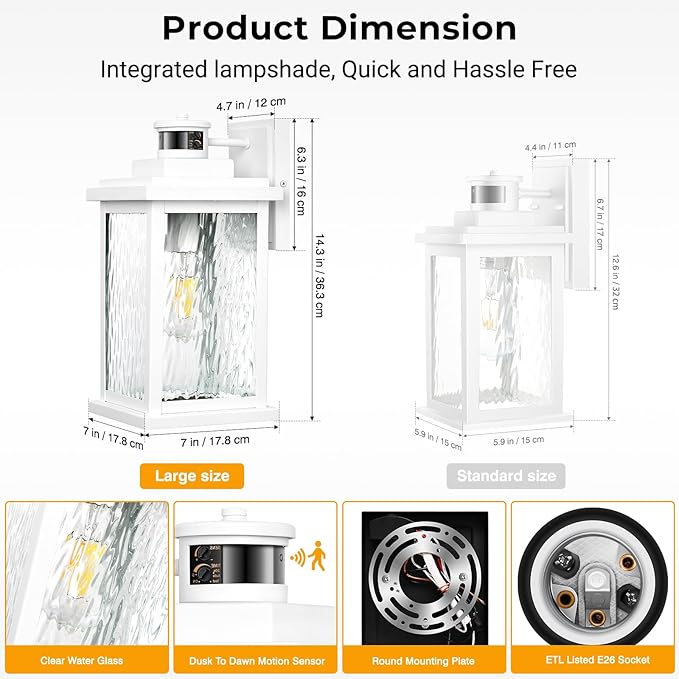 VIANIS Large Adjustable Sensitivity Motion Sensor Exterior Porch Lights, White Dusk to Dawn Outdoor Lighting, Anti-Rust Waterproof Front Porch Light for Garage, Front Door-VerdiqueGarden