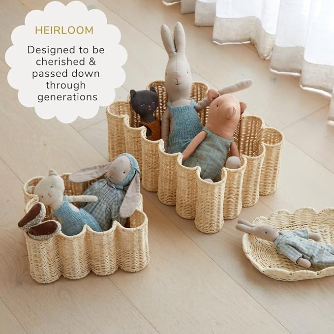 BEBE BASK Unique Wavy Scalloped Basket Set Of 2 - Scallop Basket - 16 x 10 x 7 In - Hand-Woven Elegant Wicker With Scalloped Edge Lid - Nursery Storage - (Earthy)-VerdiqueGarden