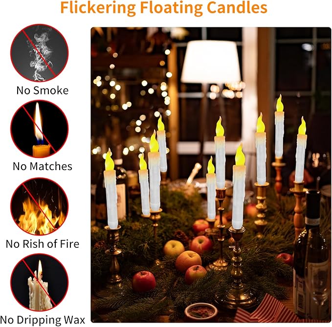 Halloween Decorations, 2023 Newest Floating LED Candles with Wand Remote Control, Witch Wizard Christmas Decor for Indoor Home Room Classroom Bedroom Birthday Party, 12pcs (White & Red), 6.6-VerdiqueGarden