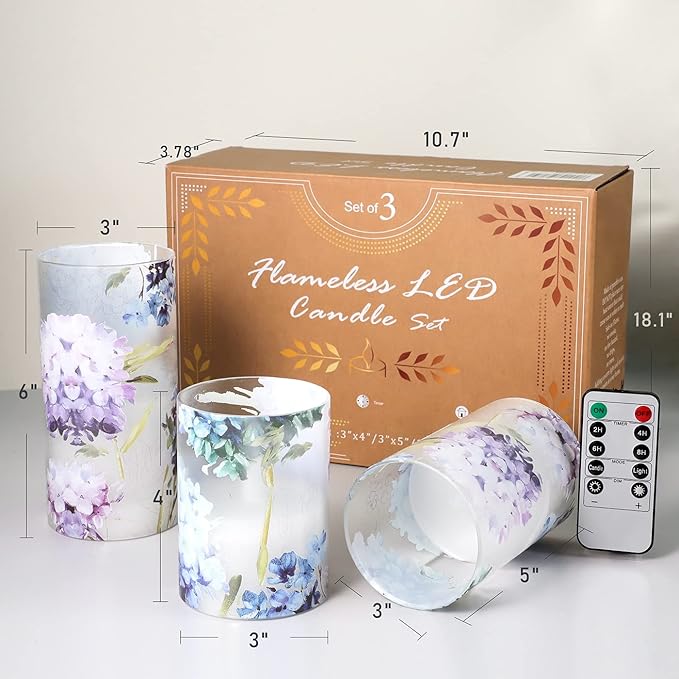 Floral Flameless Candles Decorative Battery Operated with Remote Hydrangea Flowers Romantic Lovers Flickering Pillar Candles for Wedding Tray Centerpiece Home Decor-VerdiqueGarden