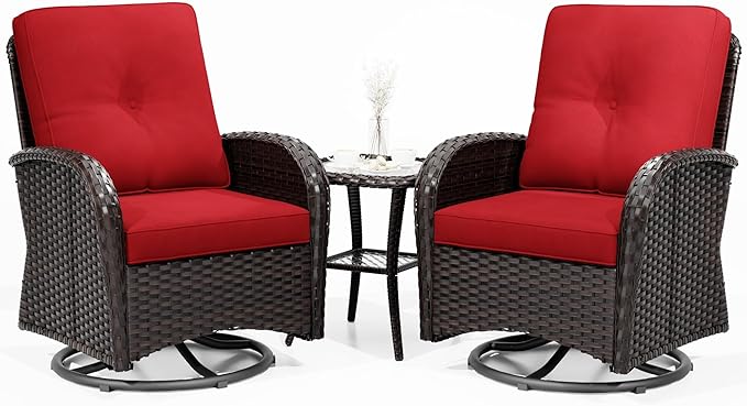 Joyside Outdoor Swivel Rocker Chairs, 3 Piece Wicker Patio Set with Thick Cushion and Side Table, Rattan Patio Swivel Rocking Chairs for Porch, Deck Use (Brown/Red, 3 PCS)-VerdiqueGarden