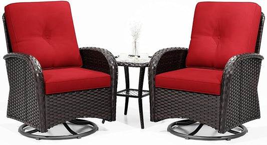 Joyside Outdoor Swivel Rocker Chairs, 3 Piece Wicker Patio Set with Thick Cushion and Side Table, Rattan Patio Swivel Rocking Chairs for Porch, Deck Use (Brown/Red, 3 PCS)-VerdiqueGarden