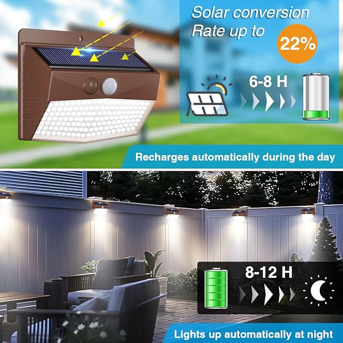 Peasur 6 Packs Solar Outdoor Lights Motion Sensor Solar Security Lights Waterproof with 3 Lighting Modes Solar Powered Wall Lights Outside for Garden Fence Yard Deck, Brown-VerdiqueGarden
