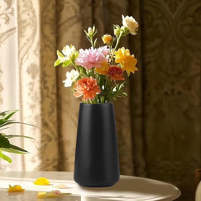 Simple Vase for Flowers Plants, Matte Vases for Modern Table Shelf Home Decor Wedding Boho Decor, 6" H Frosted Elegant Ceramic Vase for Pampas Grass Fluffy Stem Bouquet Lavender Flowers (Black, 4)-VerdiqueGarden