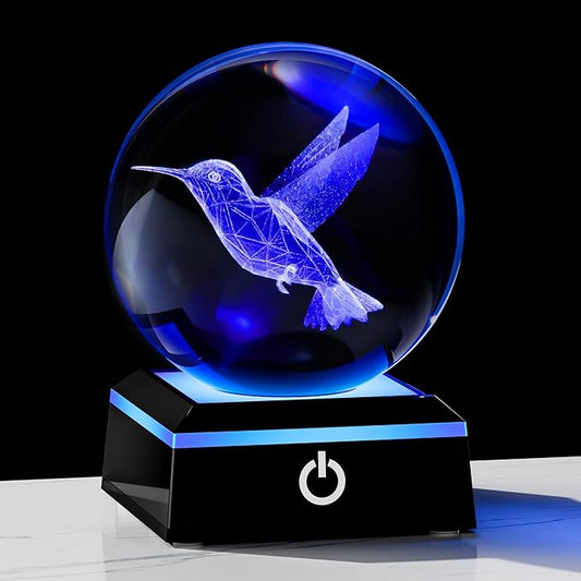 Qianwei 3D Crystal Ball Hummingbird Gift - 3.14'' 80mm Laser Decor Glass Animal Figurine Statue for Room Decorations With Night Light-VerdiqueGarden