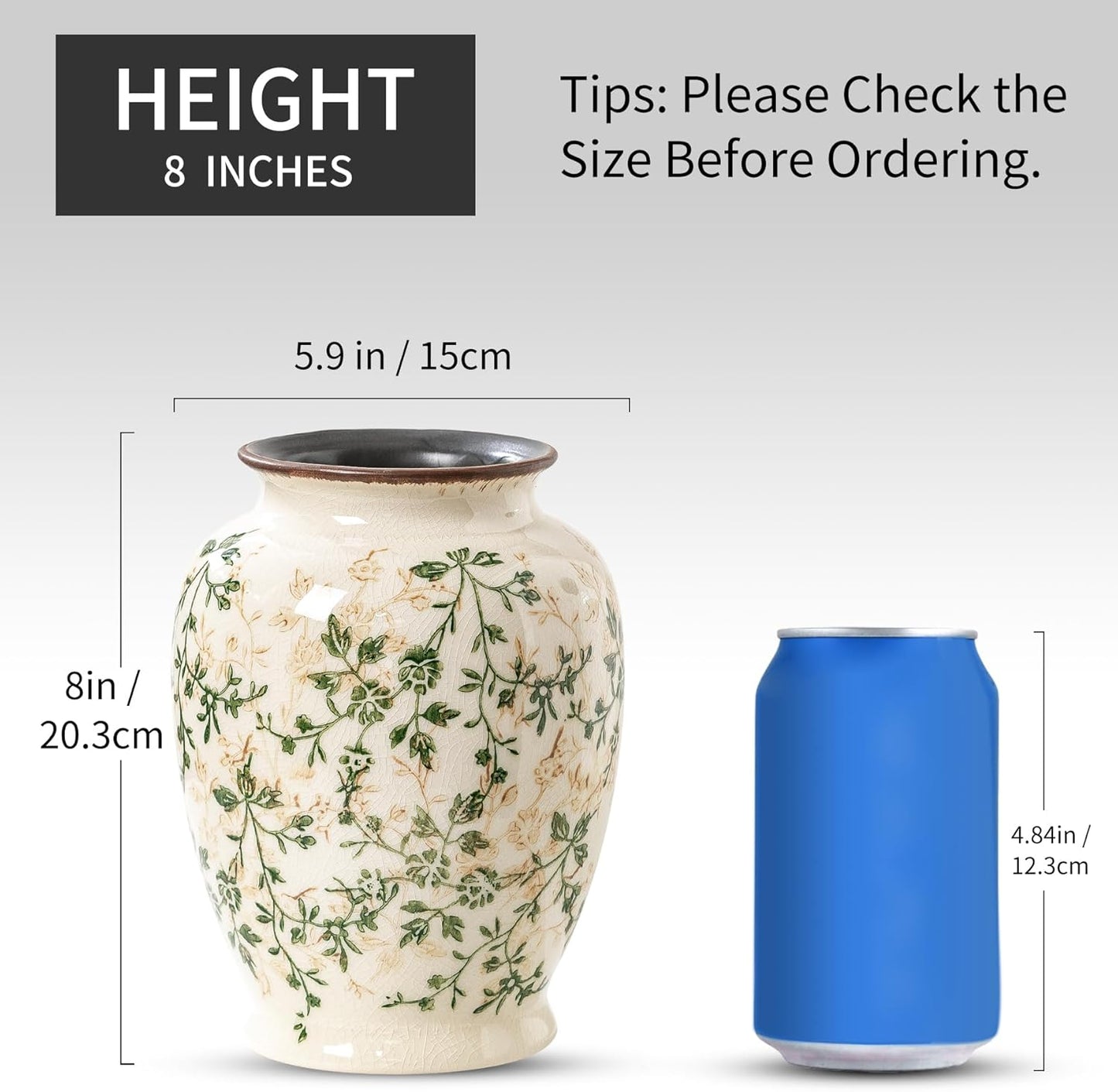 Vintage Green and Beige Vase, Round Ceramic Floral Vases, Retro Ice Cracked Chinoiserie Vase for Home Decor, Living Room, Bookshelf, Office, Grand Millennial Decor, Rustic Table Centerpiece 8 Inch-VerdiqueGarden