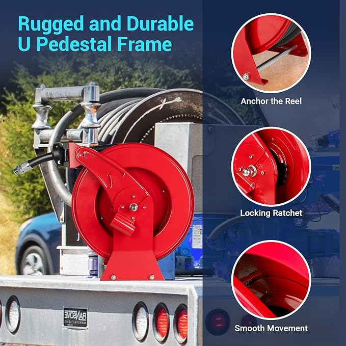 Fuel Hose Reel, 3/4" x 50FT Retractable Diesel Hose Reel, 300 PSI Industrial Heavy Duty Auto Swivel Rewind Hose Holder Reels, for Vehicle Tank Truck Trailer Ship-VerdiqueGarden